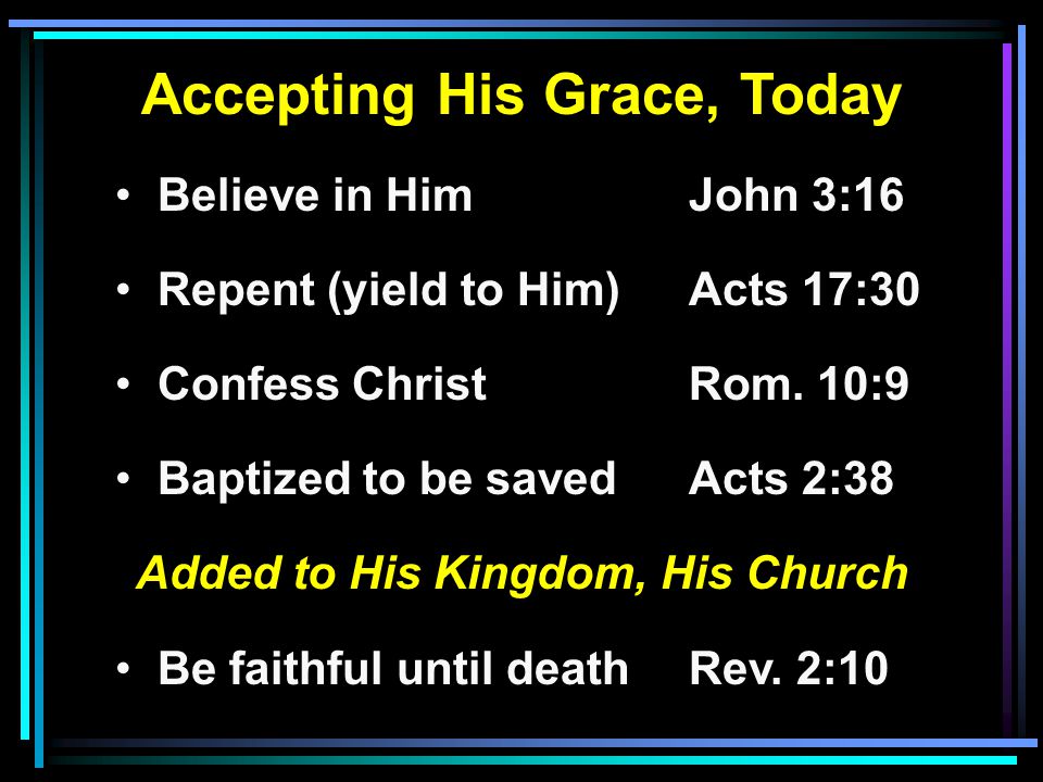 Accepting His Grace, Today Believe in HimJohn 3:16 Repent (yield to Him) Acts 17:30 Confess ChristRom.