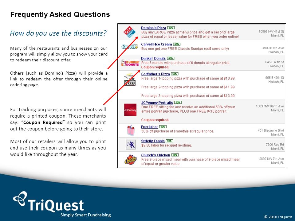 Simply Smart Fundraising © 2010 TriQuest Frequently Asked Questions How do you use the discounts.