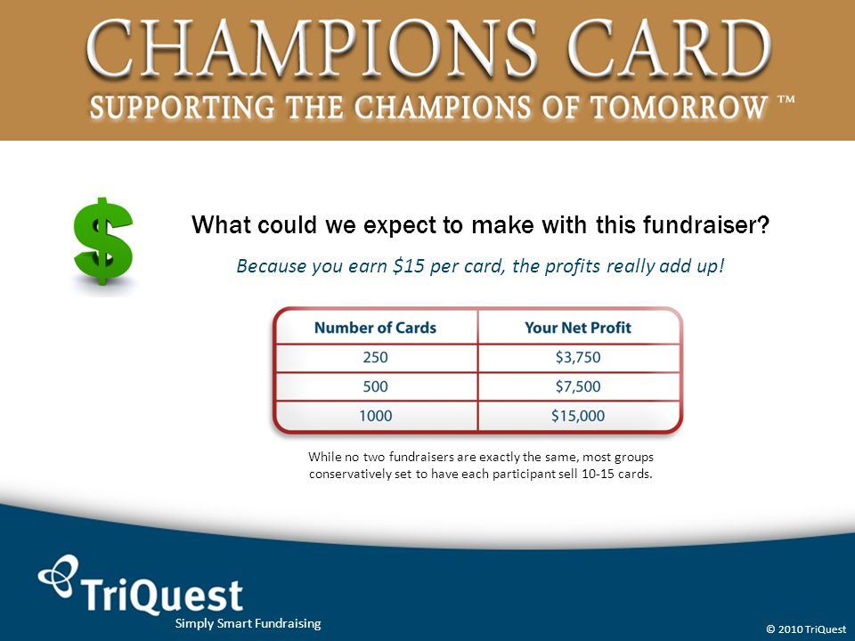 Simply Smart Fundraising © 2010 TriQuest What could we expect to make with this fundraiser.