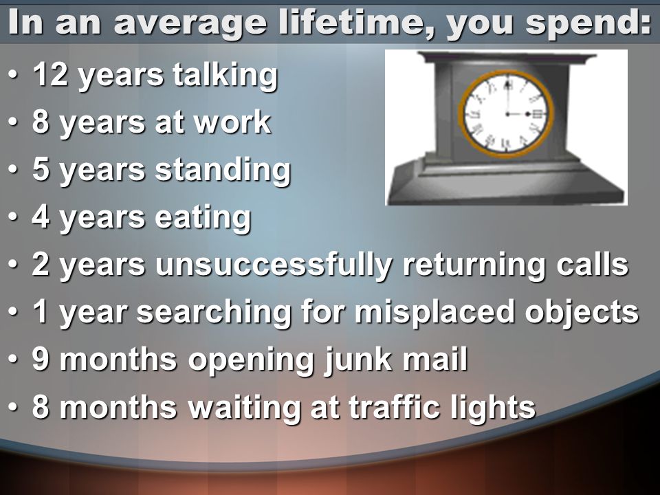 In an average lifetime, you spend: 12 years talking12 years talking 8 years at work8 years at work 5 years standing5 years standing 4 years eating4 years eating 2 years unsuccessfully returning calls2 years unsuccessfully returning calls 1 year searching for misplaced objects1 year searching for misplaced objects 9 months opening junk mail9 months opening junk mail 8 months waiting at traffic lights8 months waiting at traffic lights