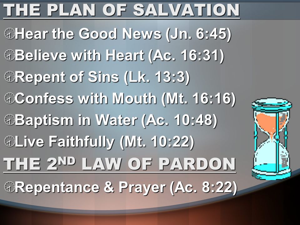 THE PLAN OF SALVATION  Hear the Good News (Jn. 6:45)  Believe with Heart (Ac.