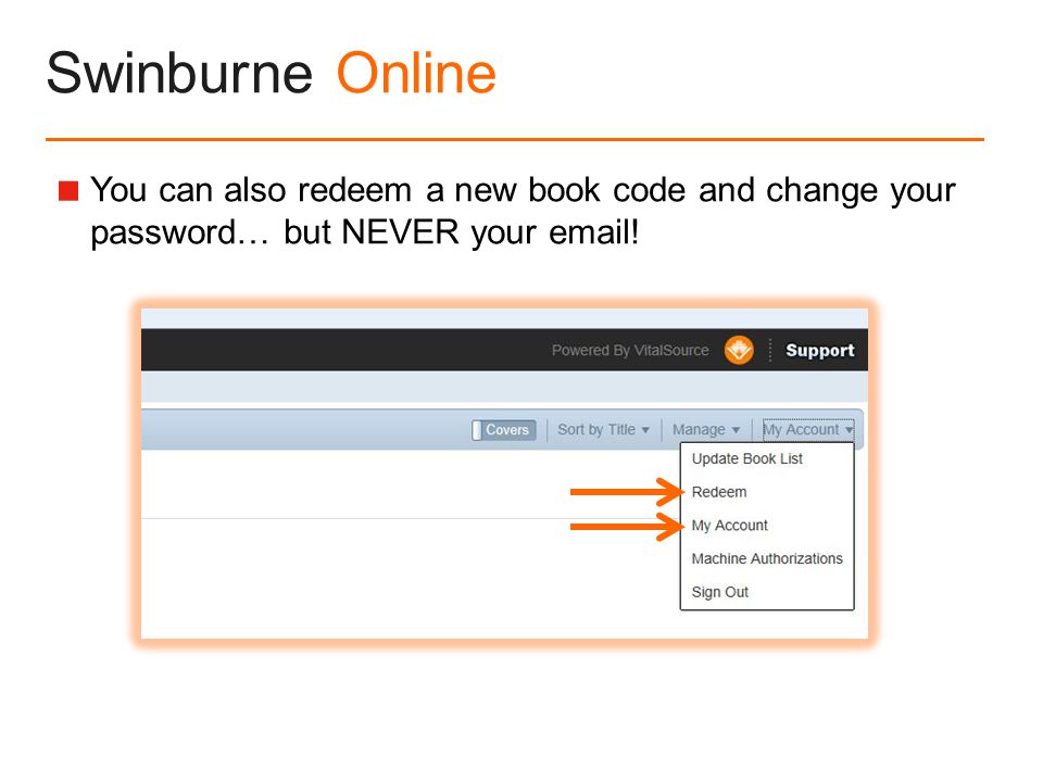 Swinburne Online  You can also redeem a new book code and change your password… but NEVER your  !
