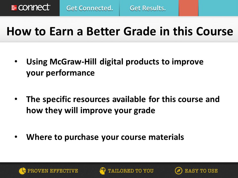 Using McGraw-Hill digital products to improve your performance The specific resources available for this course and how they will improve your grade Where to purchase your course materials How to Earn a Better Grade in this Course