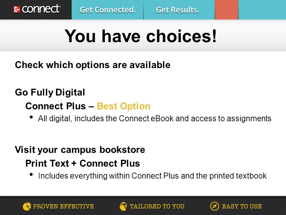 Check which options are available Go Fully Digital Connect Plus – Best Option All digital, includes the Connect eBook and access to assignments Visit your campus bookstore Print Text + Connect Plus Includes everything within Connect Plus and the printed textbook You have choices!