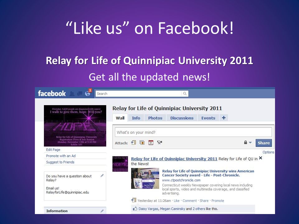 Like us on Facebook! Relay for Life of Quinnipiac University 2011 Get all the updated news!