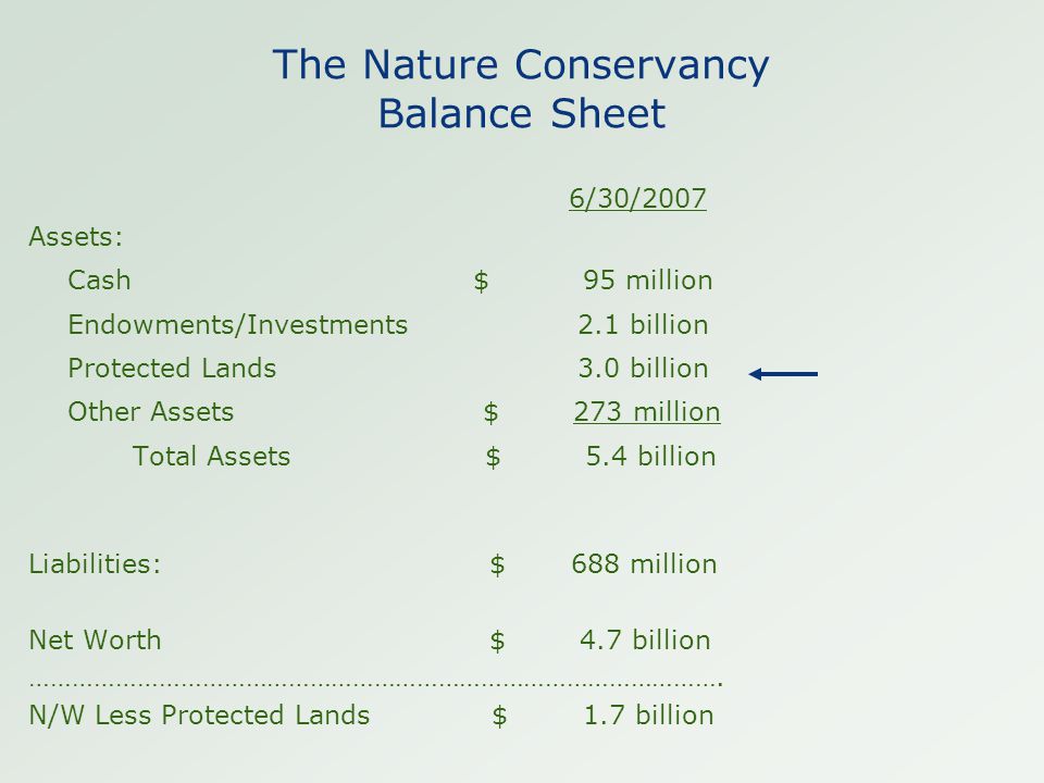 The Nature Conservancy Balance Sheet 6/30/2007 Assets: Cash $ 95 million Endowments/Investments 2.1 billion Protected Lands 3.0 billion Other Assets $ 273 million Total Assets $ 5.4 billion Liabilities: $ 688 million Net Worth $ 4.7 billion …………………………………………………………………………………….