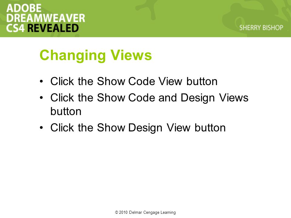 © 2010 Delmar Cengage Learning Changing Views Click the Show Code View button Click the Show Code and Design Views button Click the Show Design View button
