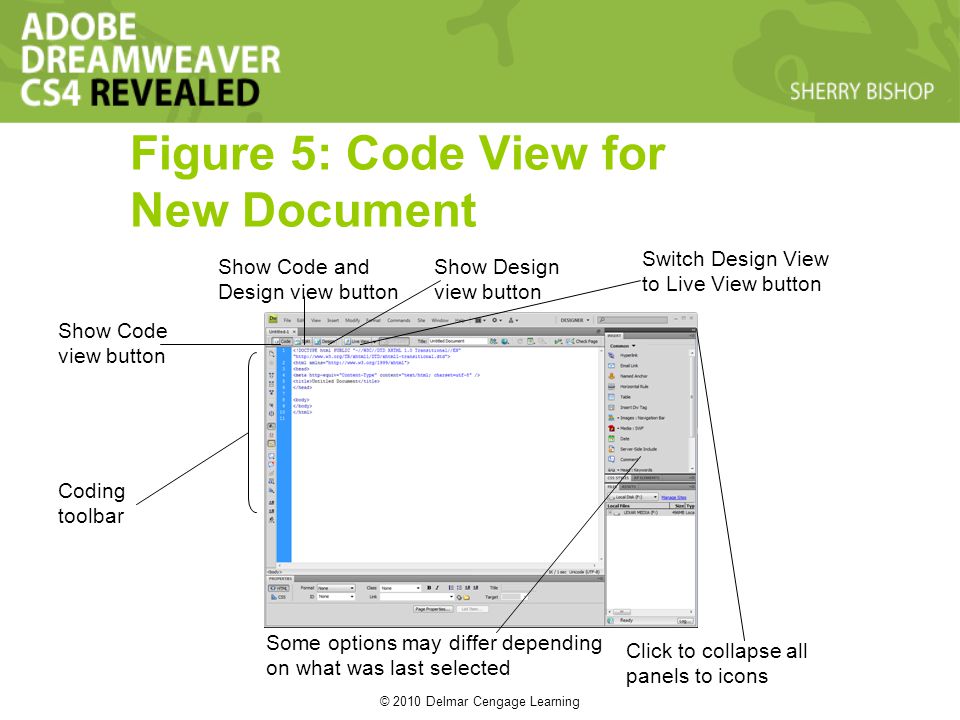 © 2010 Delmar Cengage Learning Figure 5: Code View for New Document Coding toolbar Show Code view button Show Code and Design view button Show Design view button Switch Design View to Live View button Some options may differ depending on what was last selected Click to collapse all panels to icons