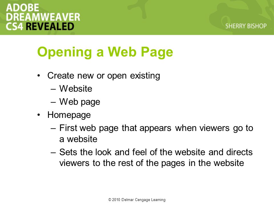 © 2010 Delmar Cengage Learning Opening a Web Page Create new or open existing –Website –Web page Homepage –First web page that appears when viewers go to a website –Sets the look and feel of the website and directs viewers to the rest of the pages in the website