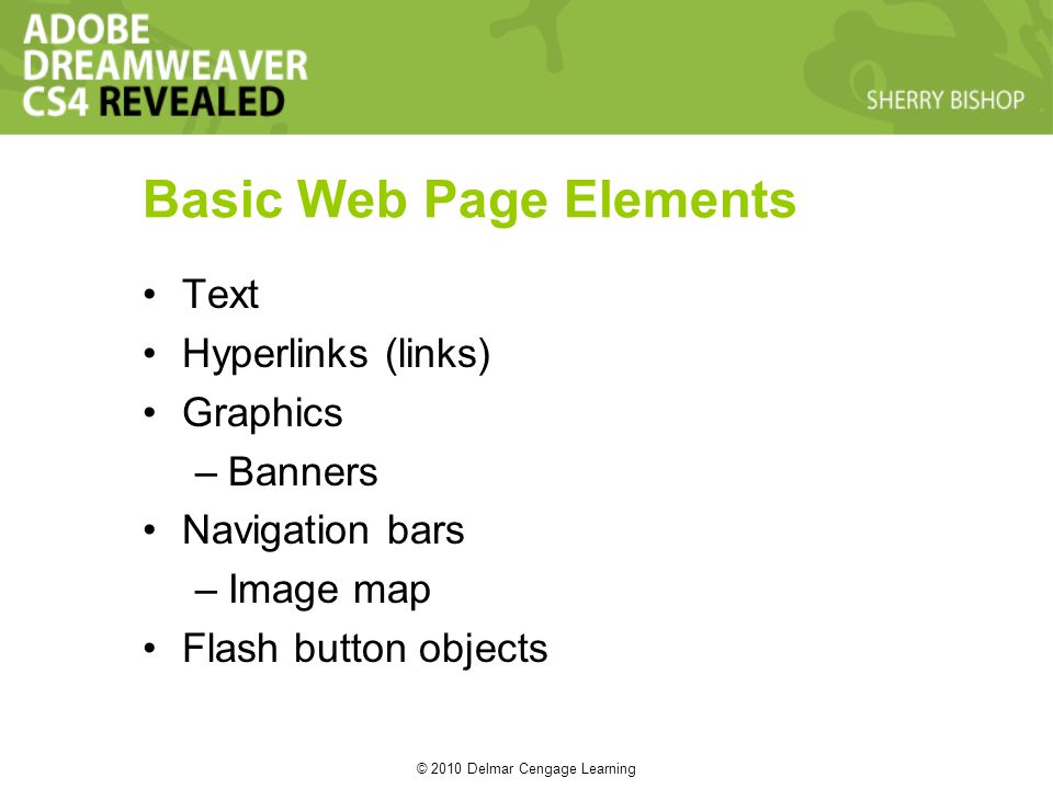 © 2010 Delmar Cengage Learning Basic Web Page Elements Text Hyperlinks (links) Graphics –Banners Navigation bars –Image map Flash button objects