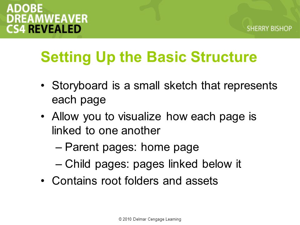 © 2010 Delmar Cengage Learning Setting Up the Basic Structure Storyboard is a small sketch that represents each page Allow you to visualize how each page is linked to one another –Parent pages: home page –Child pages: pages linked below it Contains root folders and assets