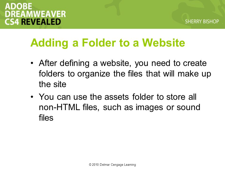 © 2010 Delmar Cengage Learning Adding a Folder to a Website After defining a website, you need to create folders to organize the files that will make up the site You can use the assets folder to store all non-HTML files, such as images or sound files