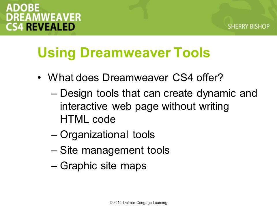 © 2010 Delmar Cengage Learning Using Dreamweaver Tools What does Dreamweaver CS4 offer.