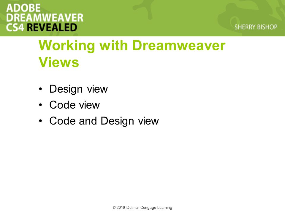 © 2010 Delmar Cengage Learning Working with Dreamweaver Views Design view Code view Code and Design view