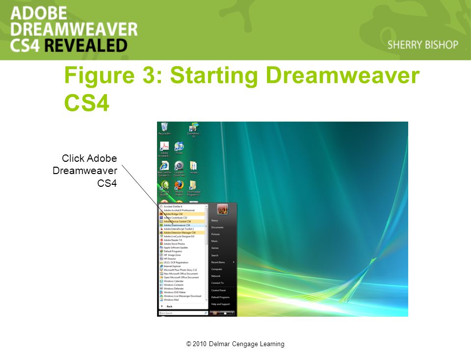 © 2010 Delmar Cengage Learning Figure 3: Starting Dreamweaver CS4 Click Adobe Dreamweaver CS4