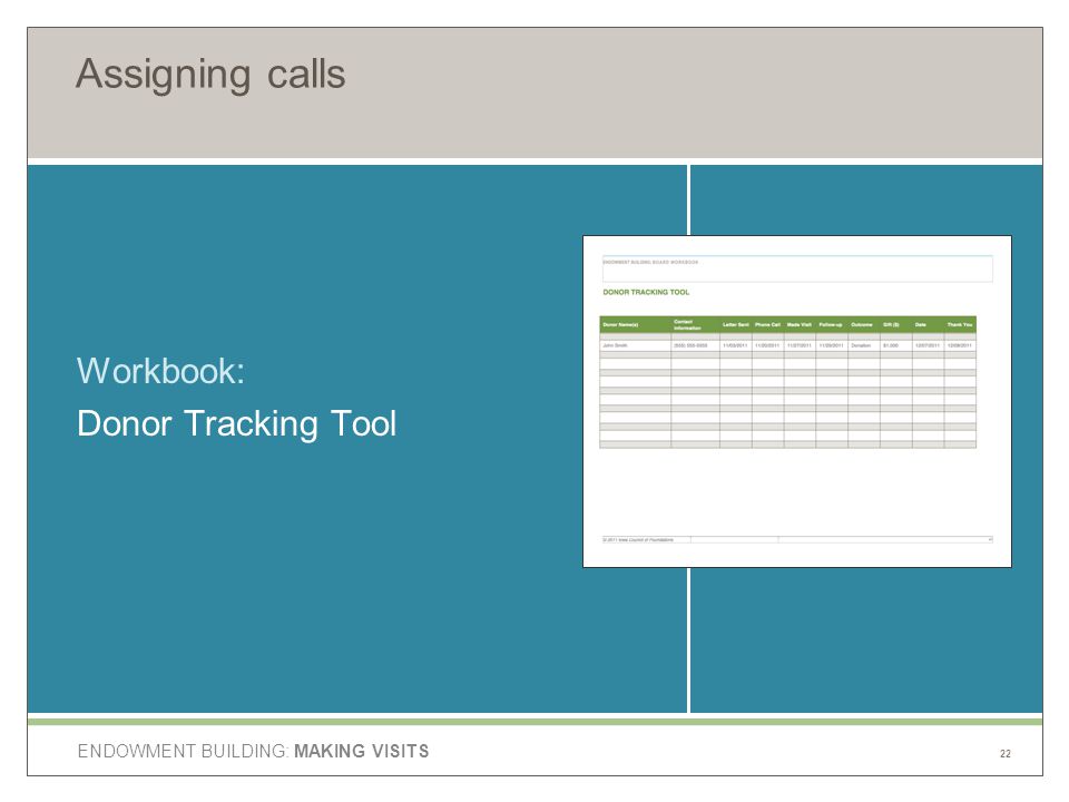 ENDOWMENT BUILDING: MAKING VISITS Assigning calls Workbook: Donor Tracking Tool 22