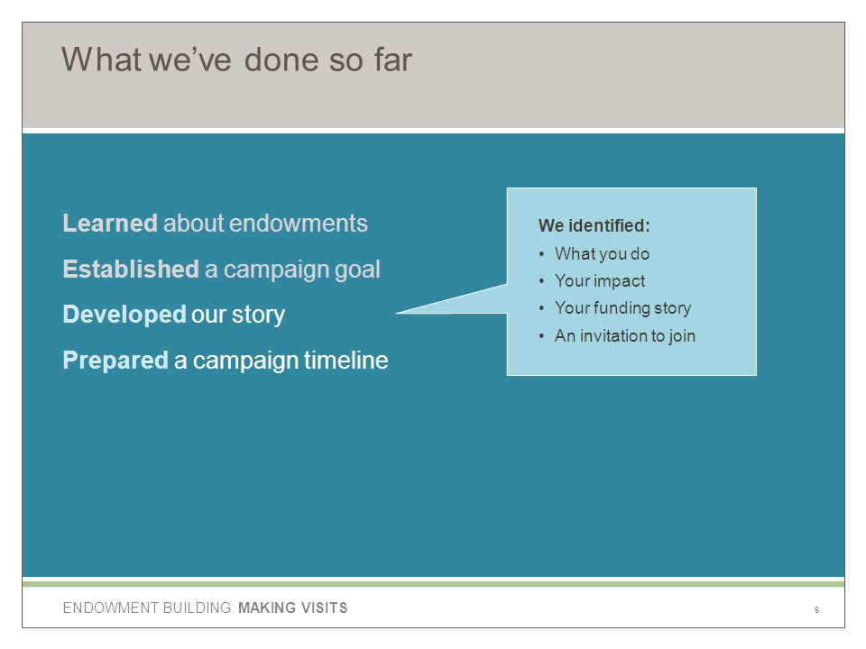 ENDOWMENT BUILDING: MAKING VISITS What we’ve done so far Learned about endowments Established a campaign goal Developed our story Prepared a campaign timeline We identified: What you do Your impact Your funding story An invitation to join 6
