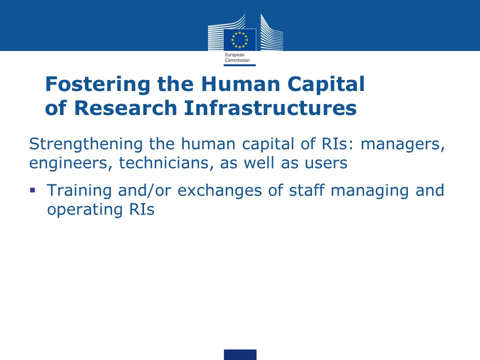 Strengthening the human capital of RIs: managers, engineers, technicians, as well as users  Training and/or exchanges of staff managing and operating RIs Fostering the Human Capital of Research Infrastructures