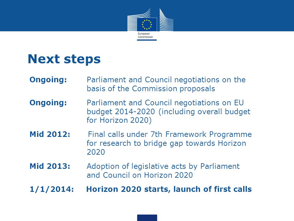 Next steps Ongoing: Parliament and Council negotiations on the basis of the Commission proposals Ongoing: Parliament and Council negotiations on EU budget (including overall budget for Horizon 2020) Mid 2012: Final calls under 7th Framework Programme for research to bridge gap towards Horizon 2020 Mid 2013: Adoption of legislative acts by Parliament and Council on Horizon /1/2014: Horizon 2020 starts, launch of first calls