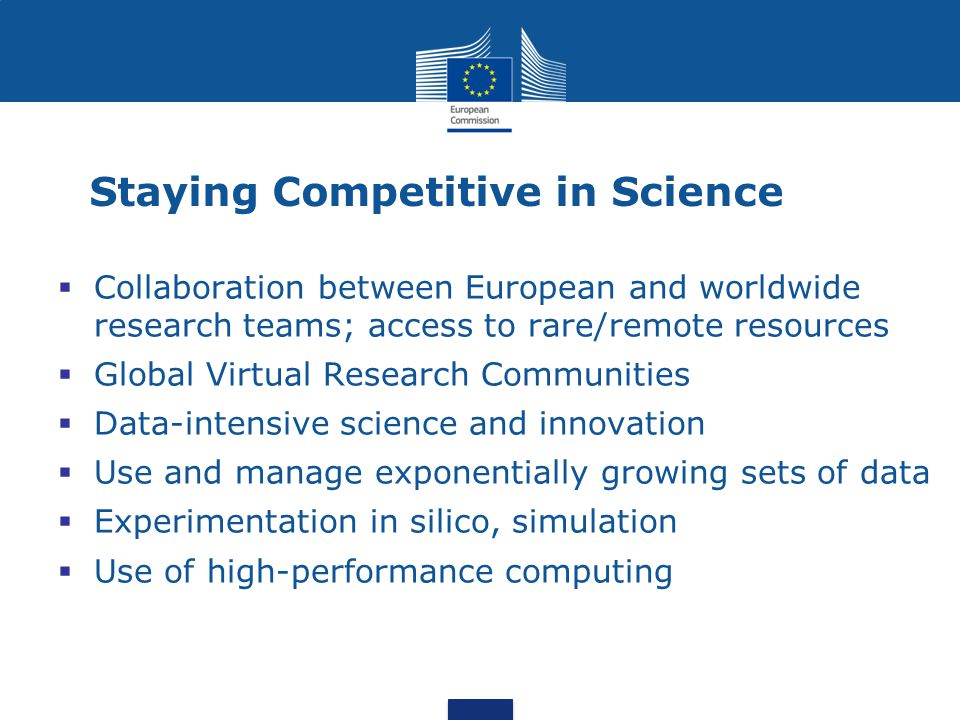 Staying Competitive in Science  Collaboration between European and worldwide research teams; access to rare/remote resources  Global Virtual Research Communities  Data-intensive science and innovation  Use and manage exponentially growing sets of data  Experimentation in silico, simulation  Use of high-performance computing