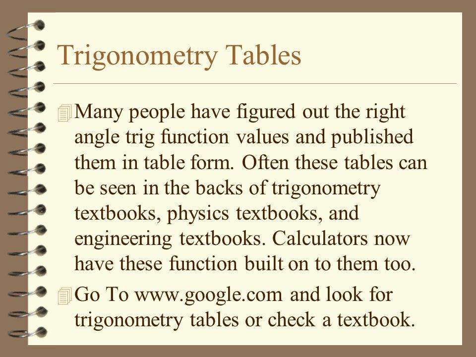 Trigonometry Tables 4 Many people have figured out the right angle trig function values and published them in table form.