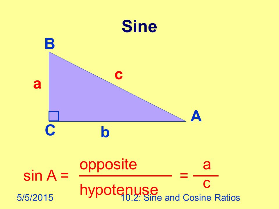 5/5/ : Sine and Cosine Ratios Sine A B C sin A = opposite hypotenuse = a c a b c