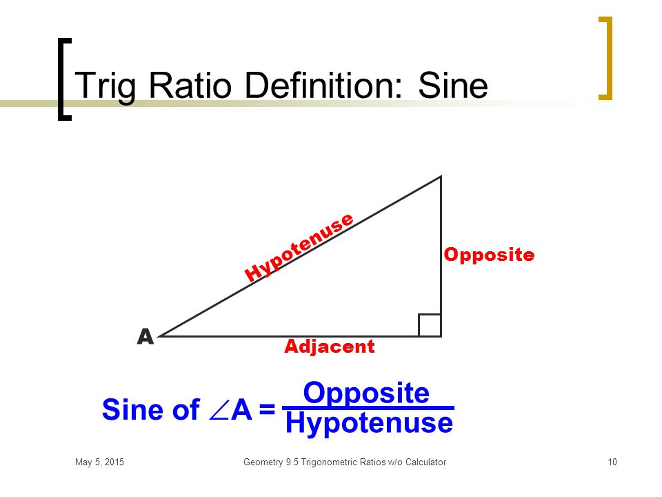 May 5, 2015Geometry 9.5 Trigonometric Ratios w/o Calculator9 Right Triangle Hypotenuse Adjacent Opposite A
