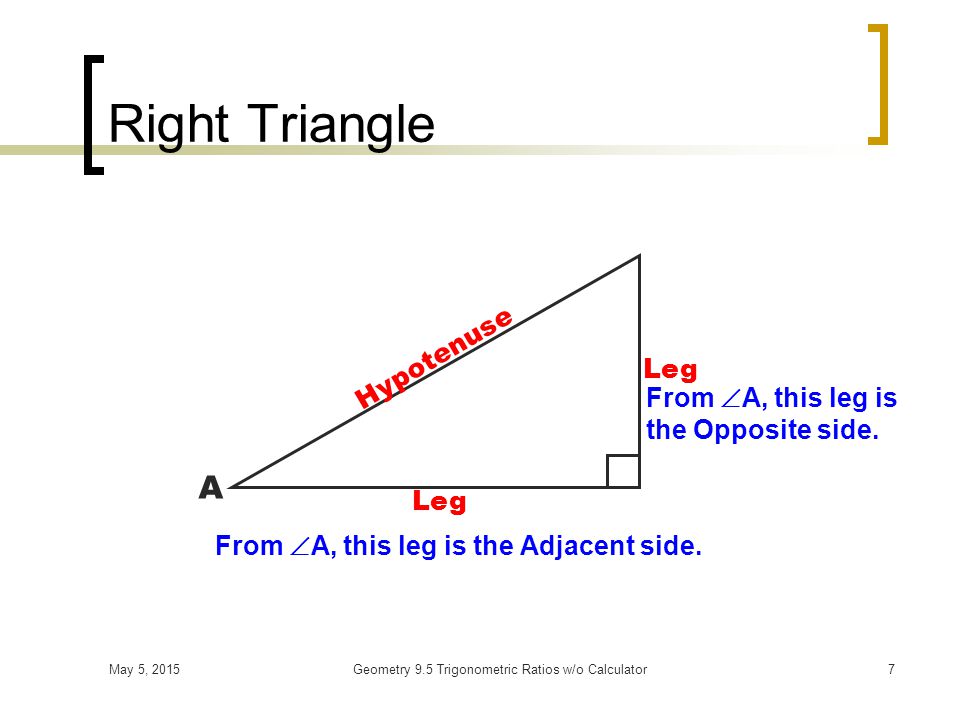 May 5, 2015Geometry 9.5 Trigonometric Ratios w/o Calculator6 Trig Ratios Based on the sides of a right triangle.