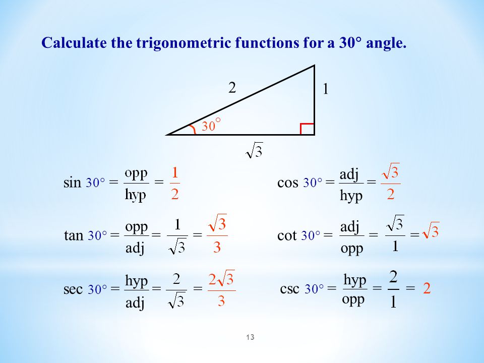 13 Calculate the trigonometric functions for a 30  angle.