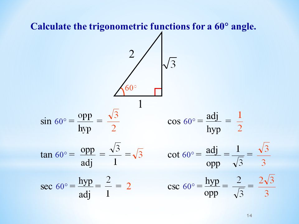 14 Calculate the trigonometric functions for a 60  angle.