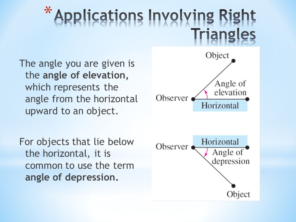 The angle you are given is the angle of elevation, which represents the angle from the horizontal upward to an object.