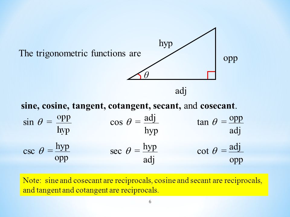 6 The trigonometric functions are sine, cosine, tangent, cotangent, secant, and cosecant.
