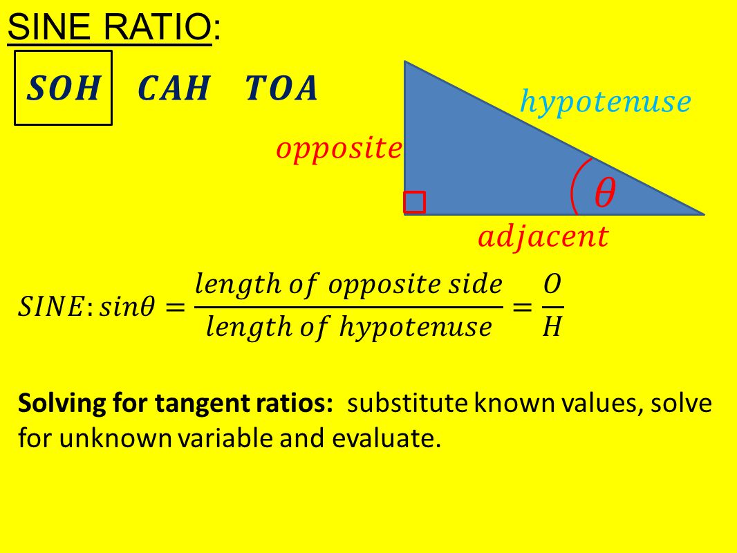 SINE RATIO: Solving for tangent ratios: substitute known values, solve for unknown variable and evaluate.