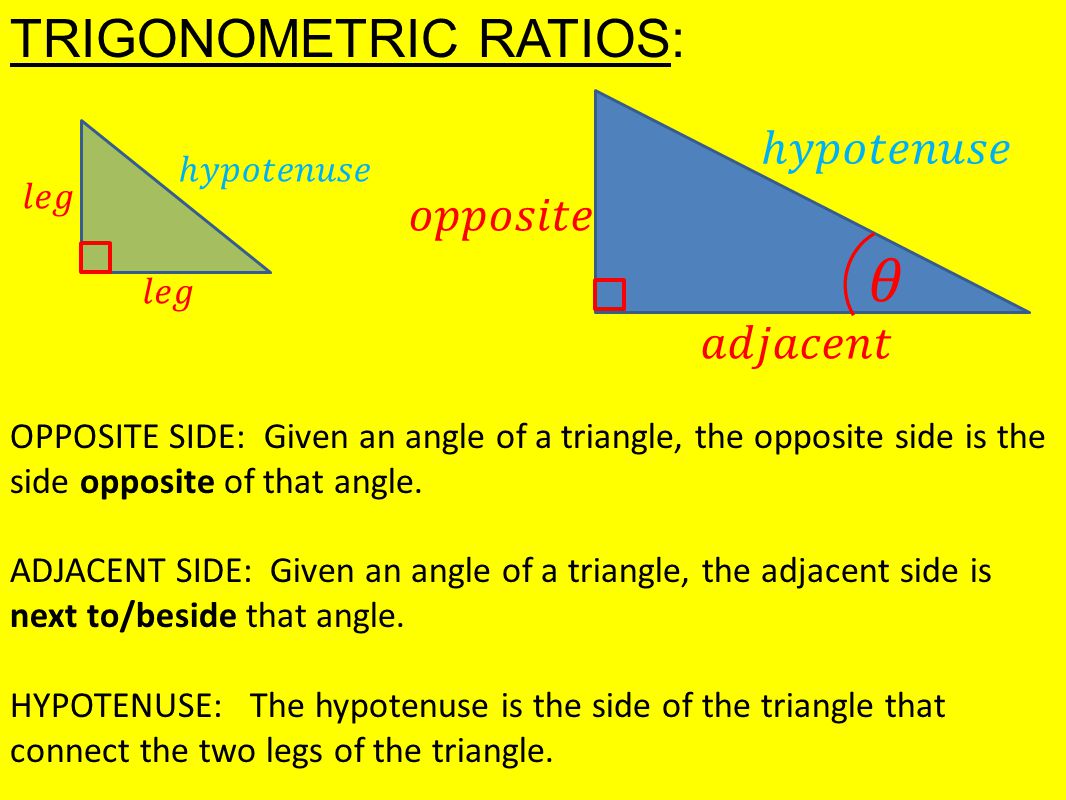 TRIGONOMETRIC RATIOS: OPPOSITE SIDE: Given an angle of a triangle, the opposite side is the side opposite of that angle.