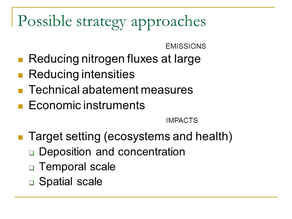 Possible strategy approaches Reducing nitrogen fluxes at large Reducing intensities Technical abatement measures Economic instruments Target setting (ecosystems and health)  Deposition and concentration  Temporal scale  Spatial scale EMISSIONS IMPACTS