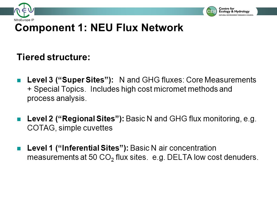Component 1: NEU Flux Network Tiered structure: Level 3 ( Super Sites ): N and GHG fluxes: Core Measurements + Special Topics.
