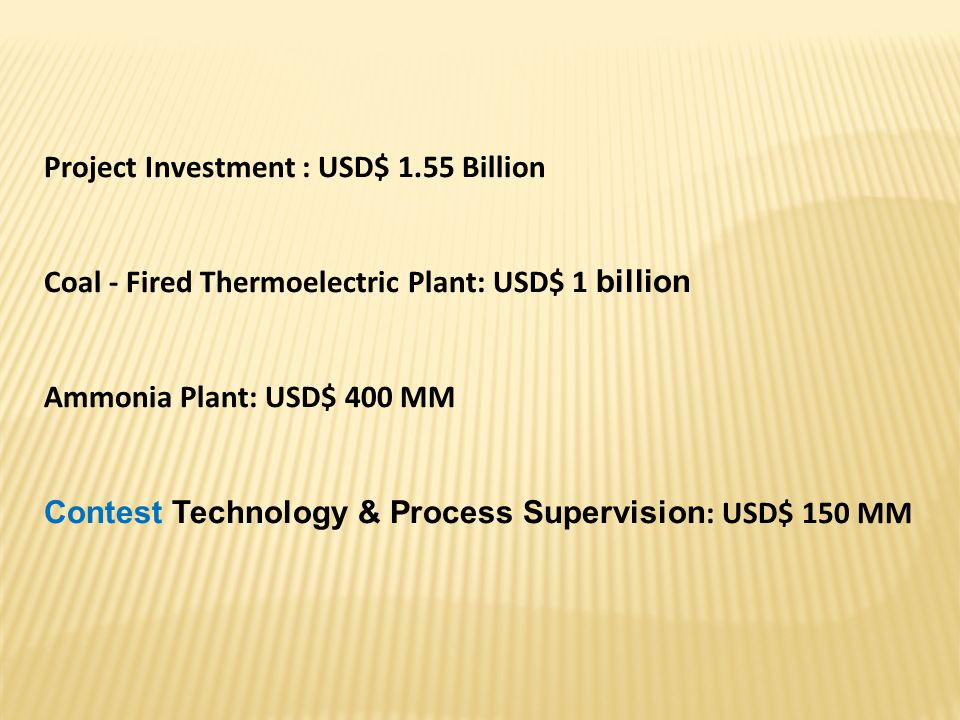 Project Investment : USD$ 1.55 Billion Coal - Fired Thermoelectric Plant: USD$ 1 billion Ammonia Plant: USD$ 400 MM Contest Technology & Process Supervision : USD$ 150 MM