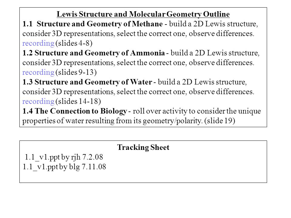 Tracking Sheet 1.1_v1.ppt by rjh _v1.ppt by blg Lewis Structure and Molecular Geometry Outline 1.1 Structure and Geometry of Methane - build a 2D Lewis structure, consider 3D representations, select the correct one, observe differences.