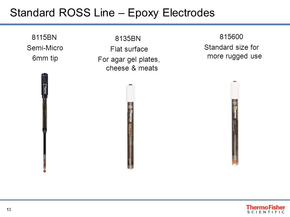 13 Standard ROSS Line – Epoxy Electrodes 8115BN Semi-Micro 6mm tip 8135BN Flat surface For agar gel plates, cheese & meats Standard size for more rugged use