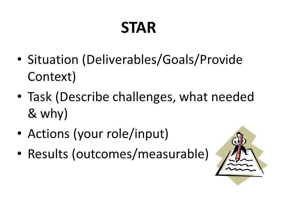 STAR Situation (Deliverables/Goals/Provide Context) Task (Describe challenges, what needed & why) Actions (your role/input) Results (outcomes/measurable)
