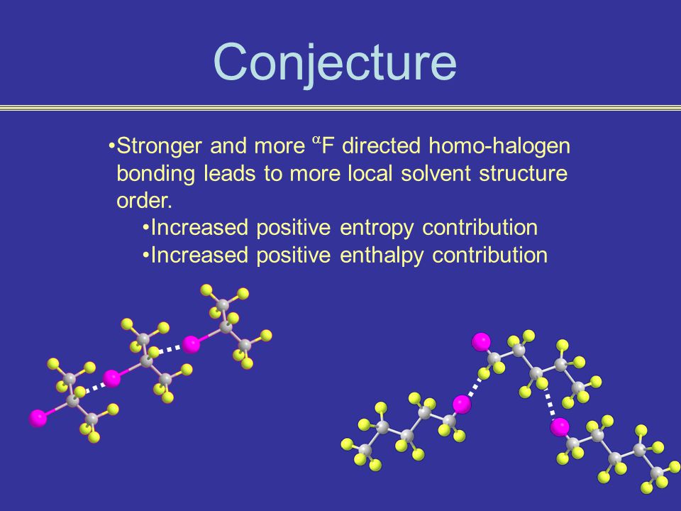 Conjecture Stronger and more  F directed homo-halogen bonding leads to more local solvent structure order.
