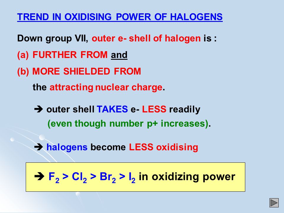 TREND IN OXIDISING POWER OF HALOGENS (a) FURTHER FROM and (b) MORE SHIELDED FROM  outer shell TAKES e- LESS readily  halogens become LESS oxidising  F 2 > Cl 2 > Br 2 > I 2 in oxidizing power (even though number p+ increases).