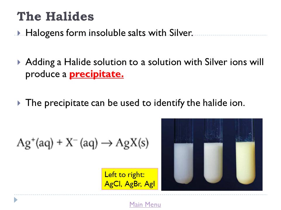 Main Menu The Halides  Halogens form insoluble salts with Silver.