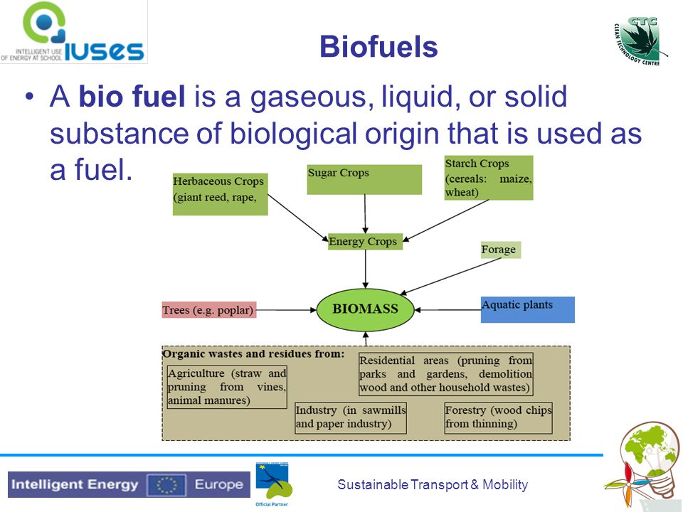 Sustainable Transport & Mobility Biofuels A bio fuel is a gaseous, liquid, or solid substance of biological origin that is used as a fuel.