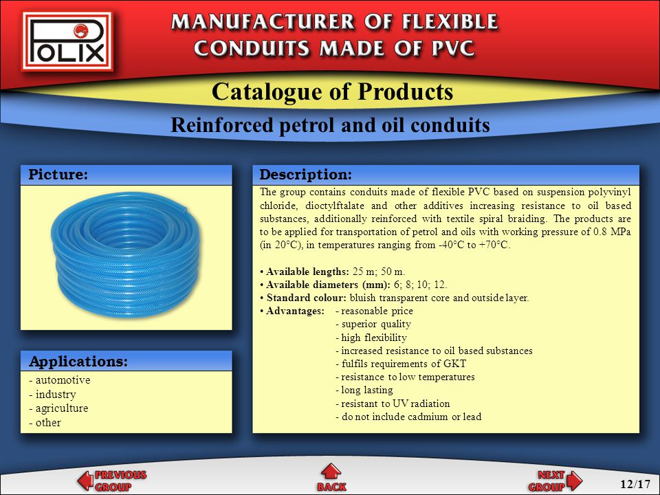 Reinforced petrol and oil conduits One layer petrol and oil conduits Catalogue of Products Petrol and oil conduits
