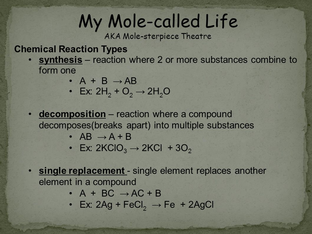 Chemical Reaction Types synthesis – reaction where 2 or more substances combine to form one A + B → AB Ex: 2H 2 + O 2 → 2H 2 O decomposition – reaction where a compound decomposes(breaks apart) into multiple substances AB → A + B Ex: 2KClO 3 → 2KCl + 3O 2 single replacement - single element replaces another element in a compound A + BC → AC + B Ex: 2Ag + FeCl 2 → Fe + 2AgCl My Mole-called Life AKA Mole-sterpiece Theatre