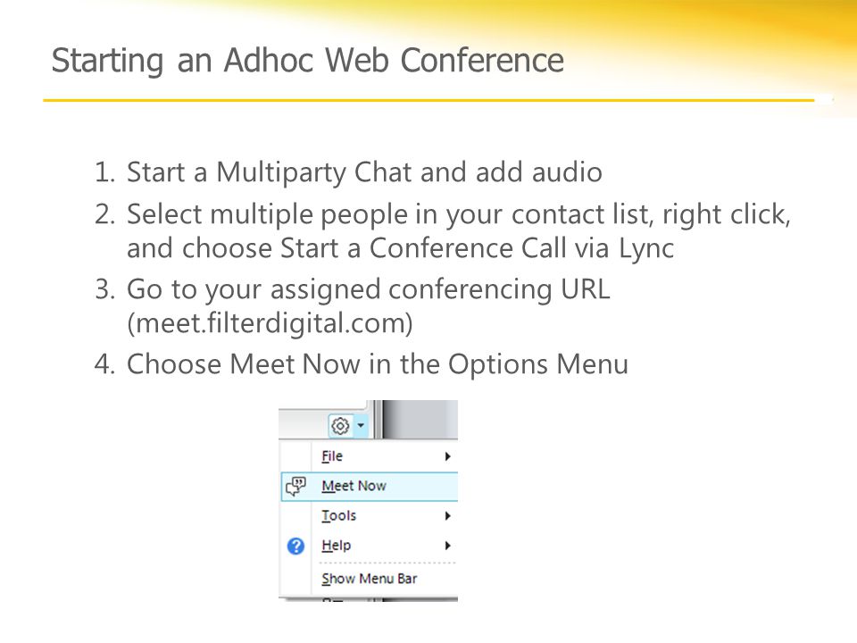 Starting an Adhoc Web Conference 1.Start a Multiparty Chat and add audio 2.Select multiple people in your contact list, right click, and choose Start a Conference Call via Lync 3.Go to your assigned conferencing URL (meet.filterdigital.com) 4.Choose Meet Now in the Options Menu