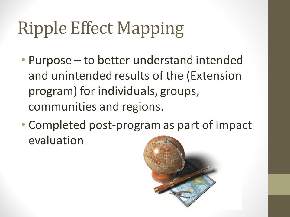 Ripple Effect Mapping Purpose – to better understand intended and unintended results of the (Extension program) for individuals, groups, communities and regions.