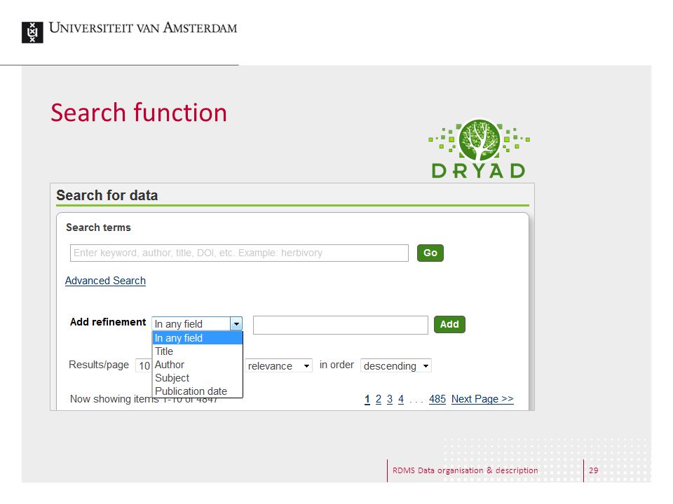 Search function RDMS Data organisation & description29