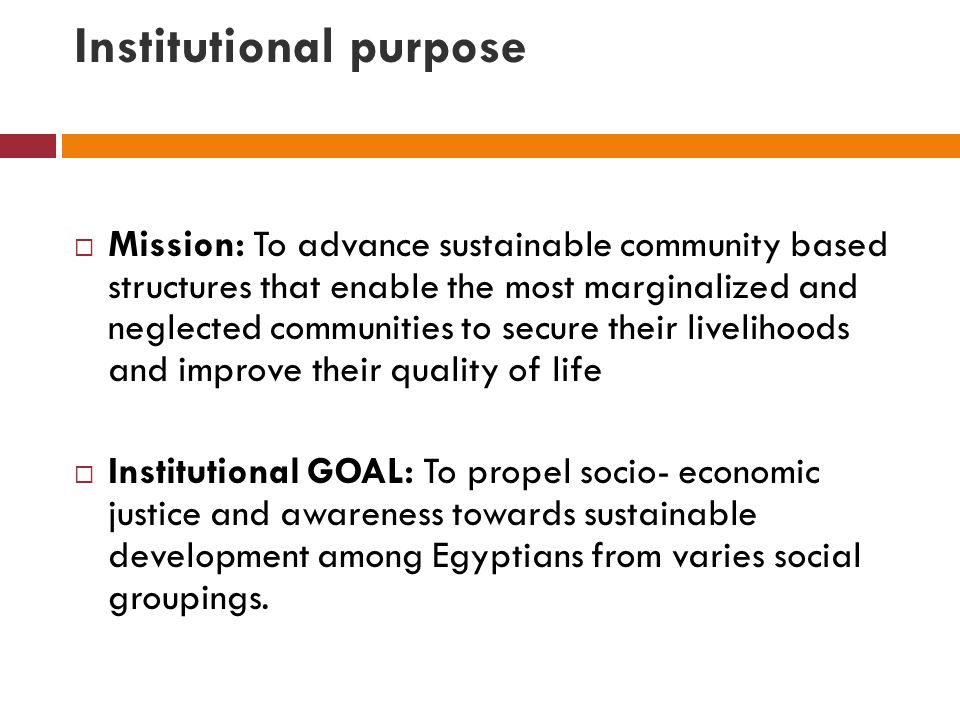 Institutional purpose  Mission: To advance sustainable community based structures that enable the most marginalized and neglected communities to secure their livelihoods and improve their quality of life  Institutional GOAL: To propel socio- economic justice and awareness towards sustainable development among Egyptians from varies social groupings.